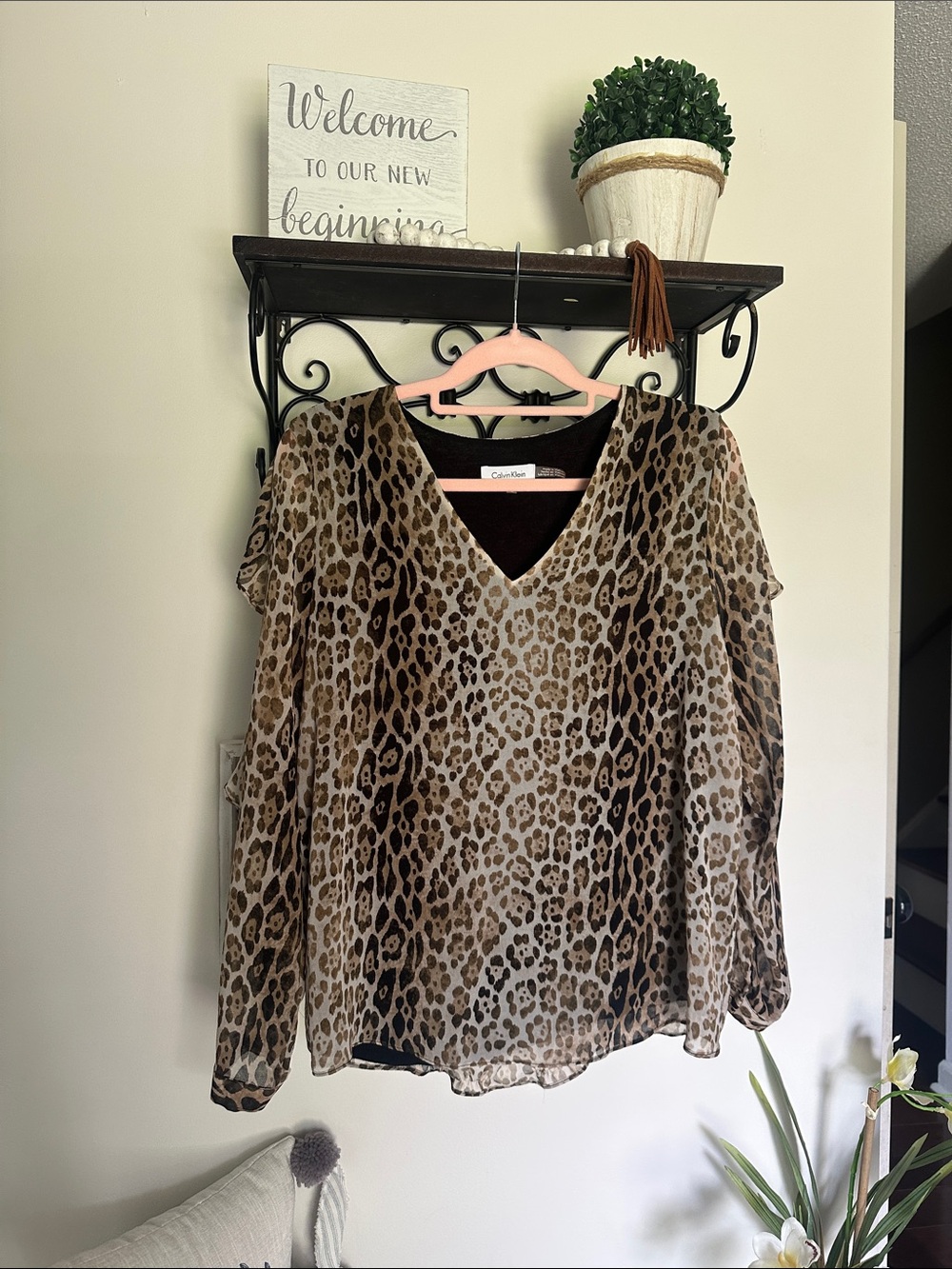 Calvin Klein leopard Animal Print Blouse with Ruffle sleeves - Black and Brown